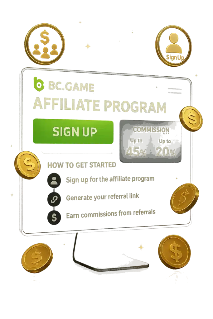 Para começar, visite o site oficial de afiliados da BC.Game usando o link para participar do programa de indicações.